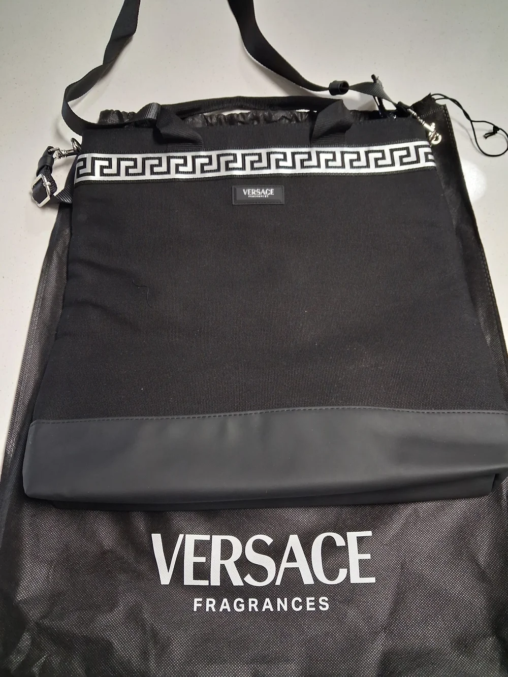 Versace Black Messenger Bag with Greek Key Accent